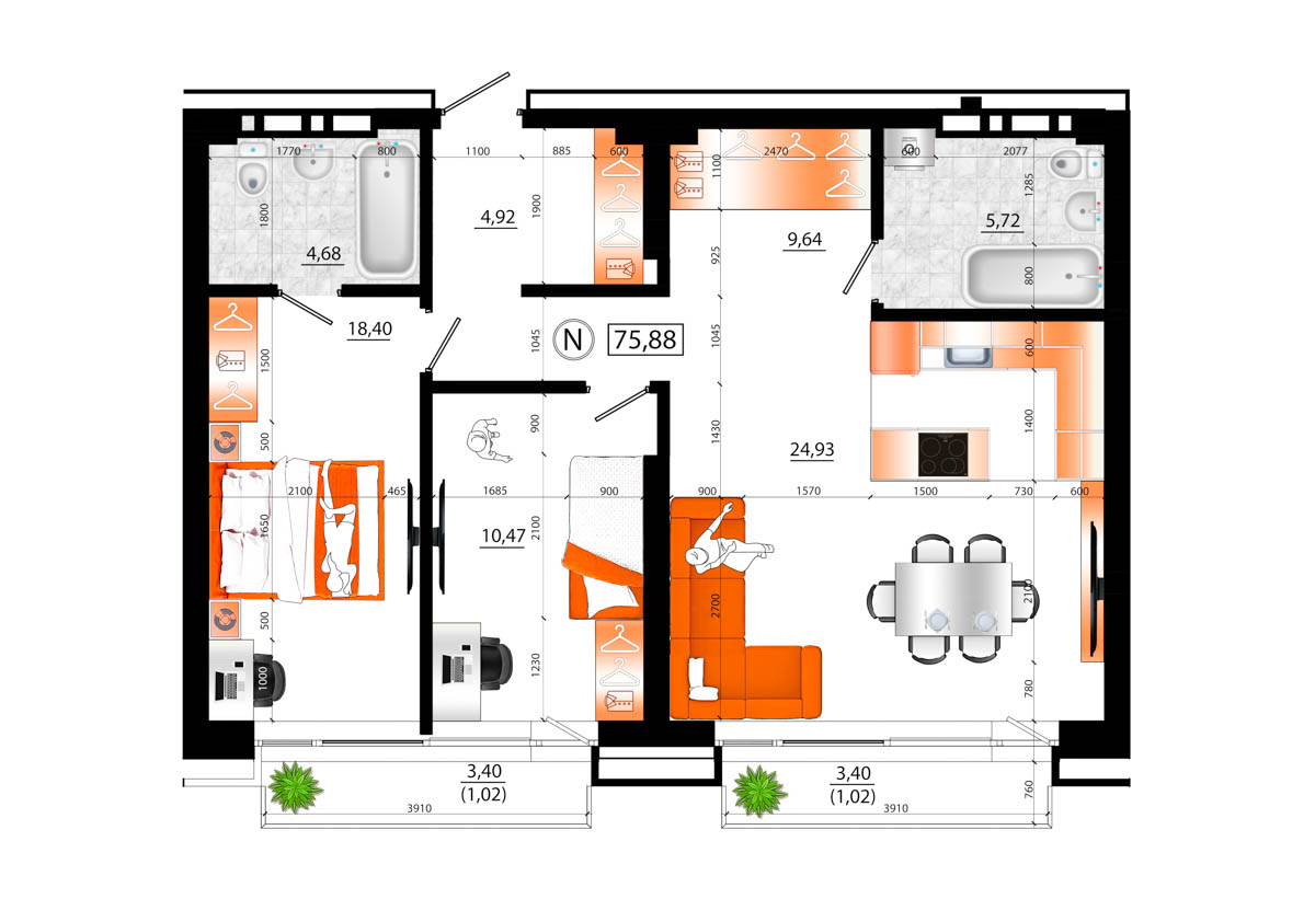 3-комнатная, 75 м², № 103 в Legenda (Легенда)